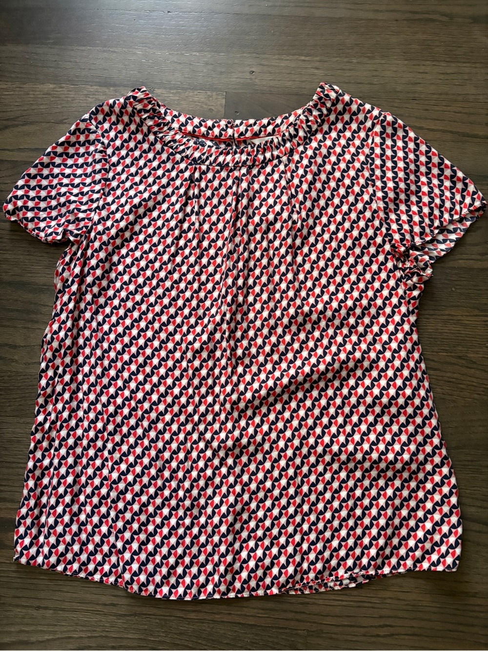 Boden Geometric Crewneck Blouse in Navy, Coral & Whute